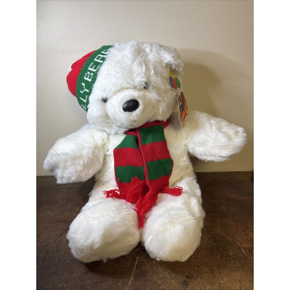Vtg Balloon Club Holly Bear 18" White Plush Hat Scarf Original Tag Teddy Bear